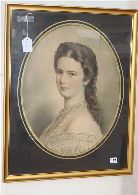 English School c.1900, watercolour and pencil, Portrait of a lady wearing a pearl necklace, 50 x 38cm
